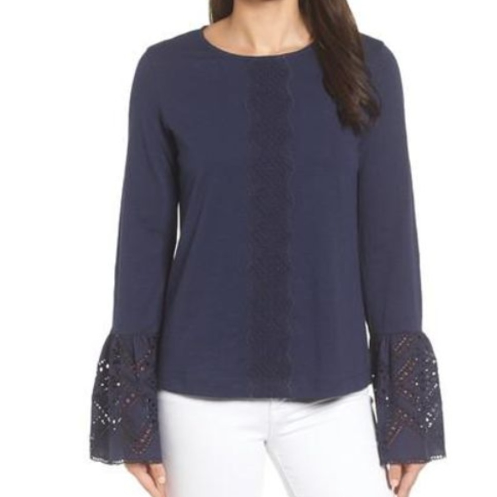 Caslon Blue Eyelet Bell Sleeve Top